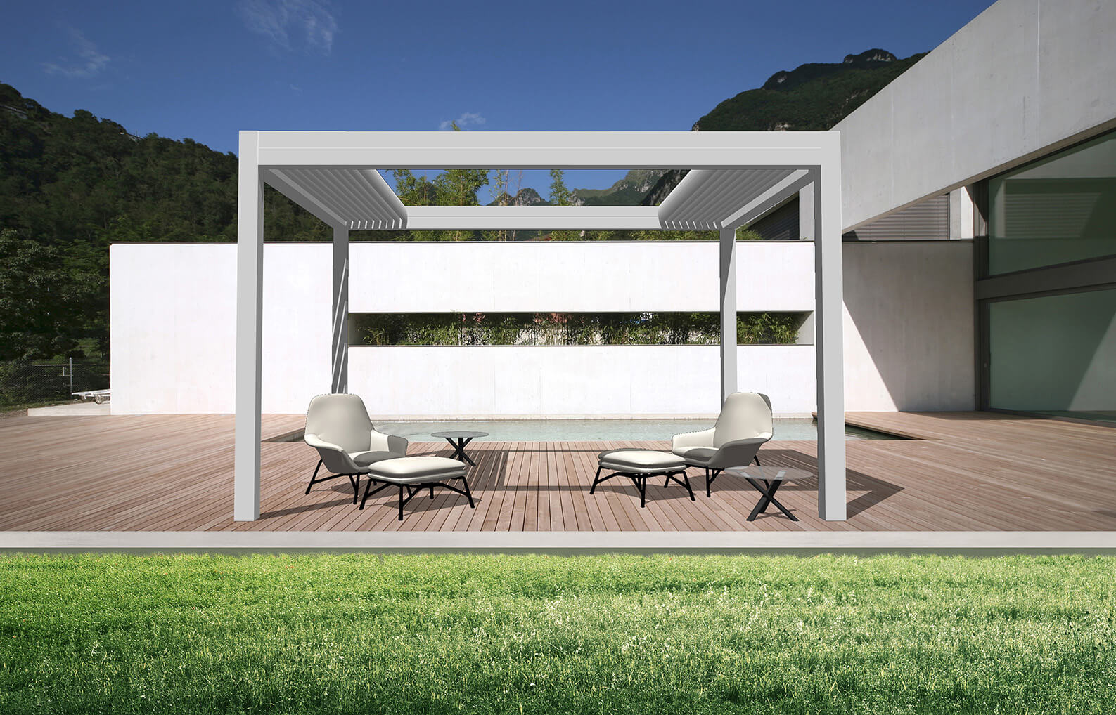 Lamellendach in Ispringen auf moderner Terrasse mit integriertem Pool